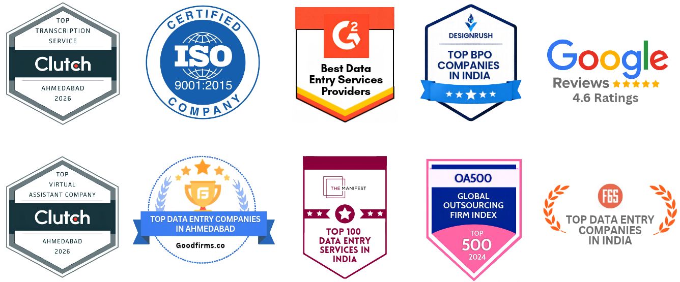 Om Data Entry India official recognition awards and global BPO badges layout featuring Clutch, ISO 9001, G2, DesignRush, GoodFirms, The Manifest, OA500, F6S, and Google Reviews.